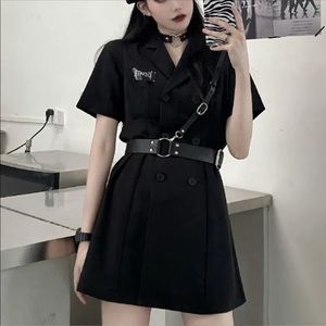Short-Sleeve Mini A-Line Blazer Dress with Belt